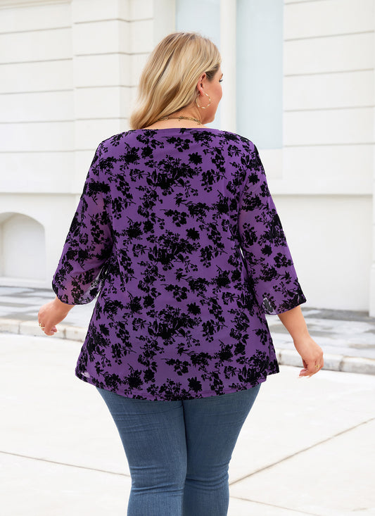 Plus Size Purple Floral V-Neck Top S5