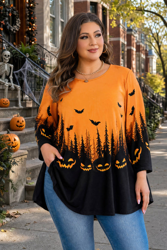 Plus Size Orange Halloween Pumpkin Tunic Top D36