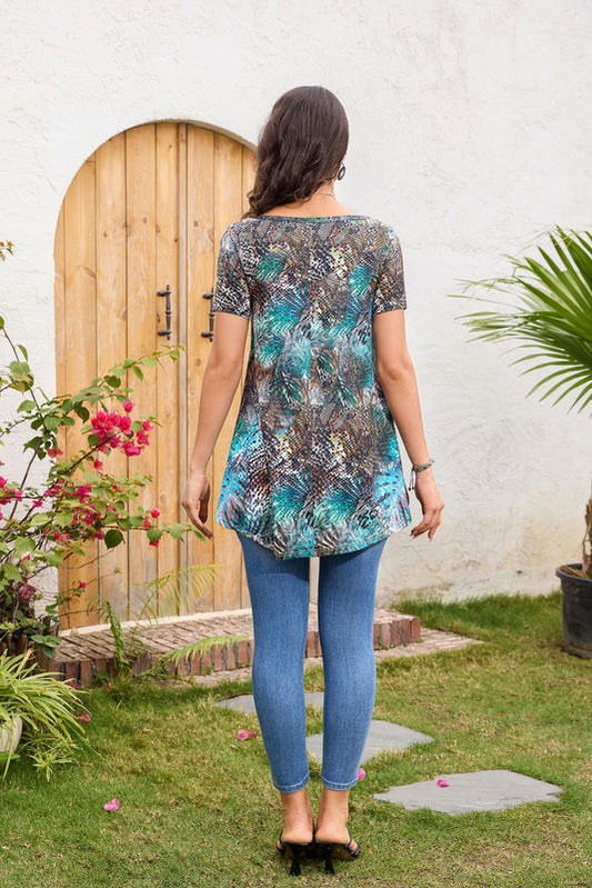 Aqua Tropical Snake Print Tunic Top – Women's Plus Size Short Sleeve Swing Blouse to Wear with Leggings (S–7XL) B5