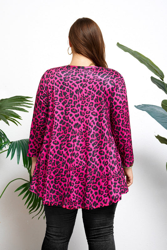 Women's Plus Size Hot Pink Leopard Print Tunic Top | 3/4 Sleeve Swing Blouse with Pockets, Flowy Fit, Wear with Leggings – S to 7XL A14