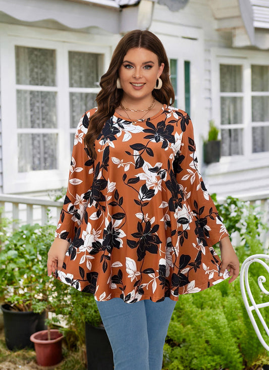 Women's Plus Size Burnt Orange Floral Tunic Top – 3/4 Sleeve Swing Flare Blouse d18
