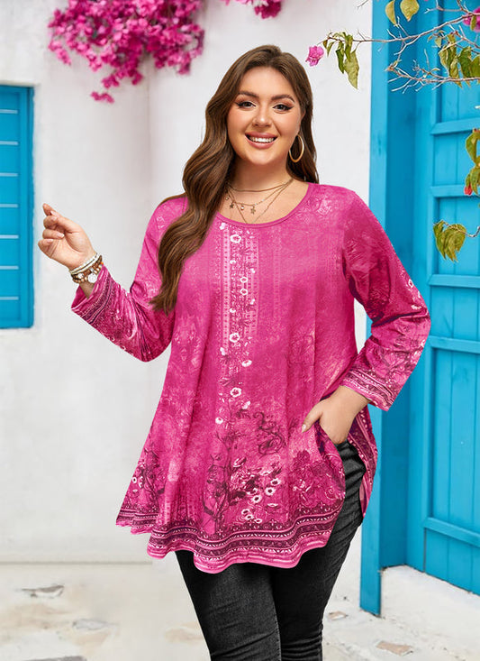 Women's Plus Size Hot Pink Floral Tunic Top – 3/4 Sleeve Swing Flare Blouse d20