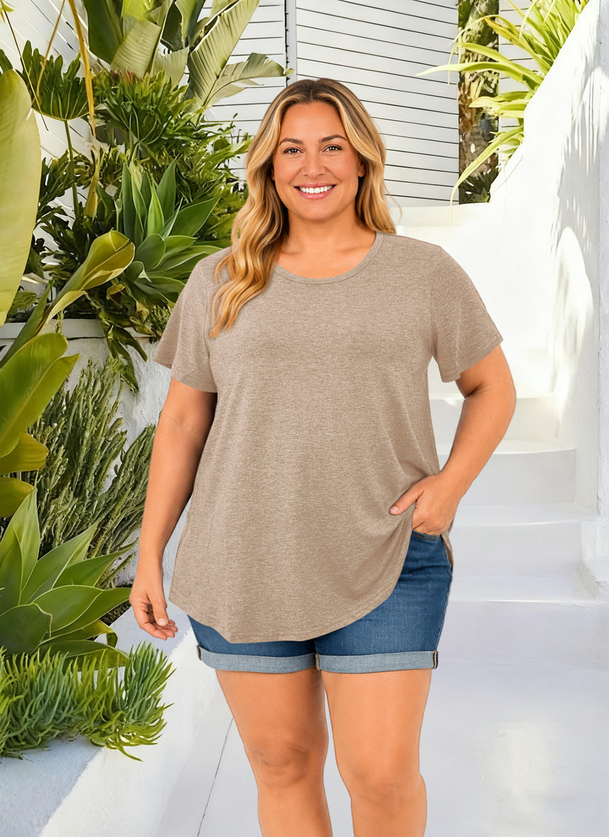 Plus Size Heather Taupe Short Sleeve Tunic Tee