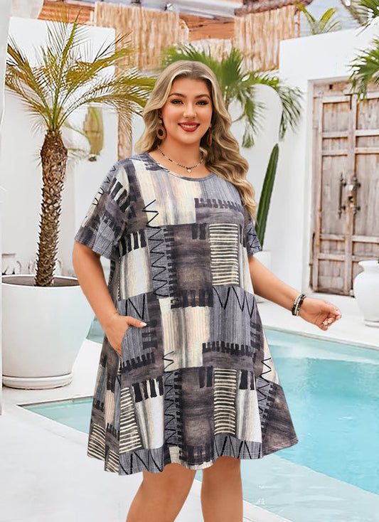Women's Plus Size Plaid Dress – Short Sleeve with Pockets H12