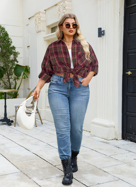 Plus Size Burgundy Plaid Button-Up Shirt G20