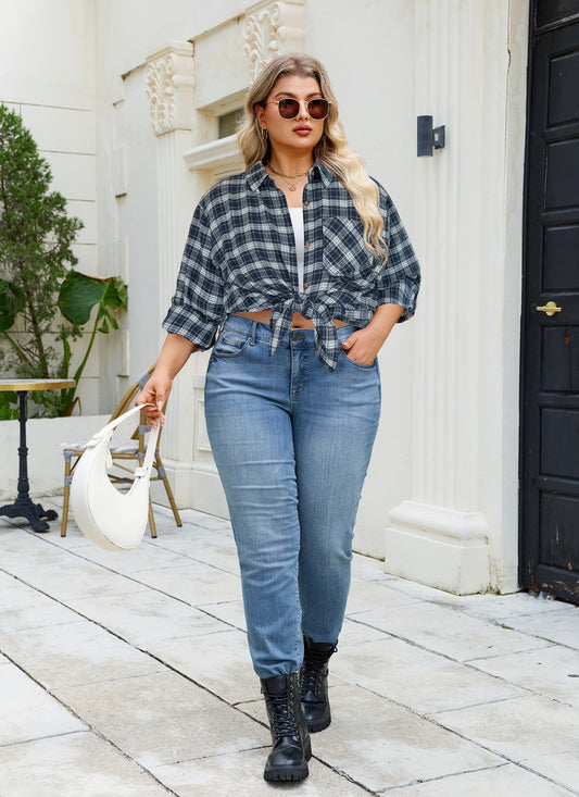 Plus Size Navy Blue Plaid Button-Up Shirt