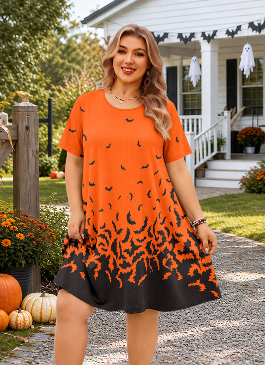 Plus Size Orange Halloween Bat Print Swing Dress