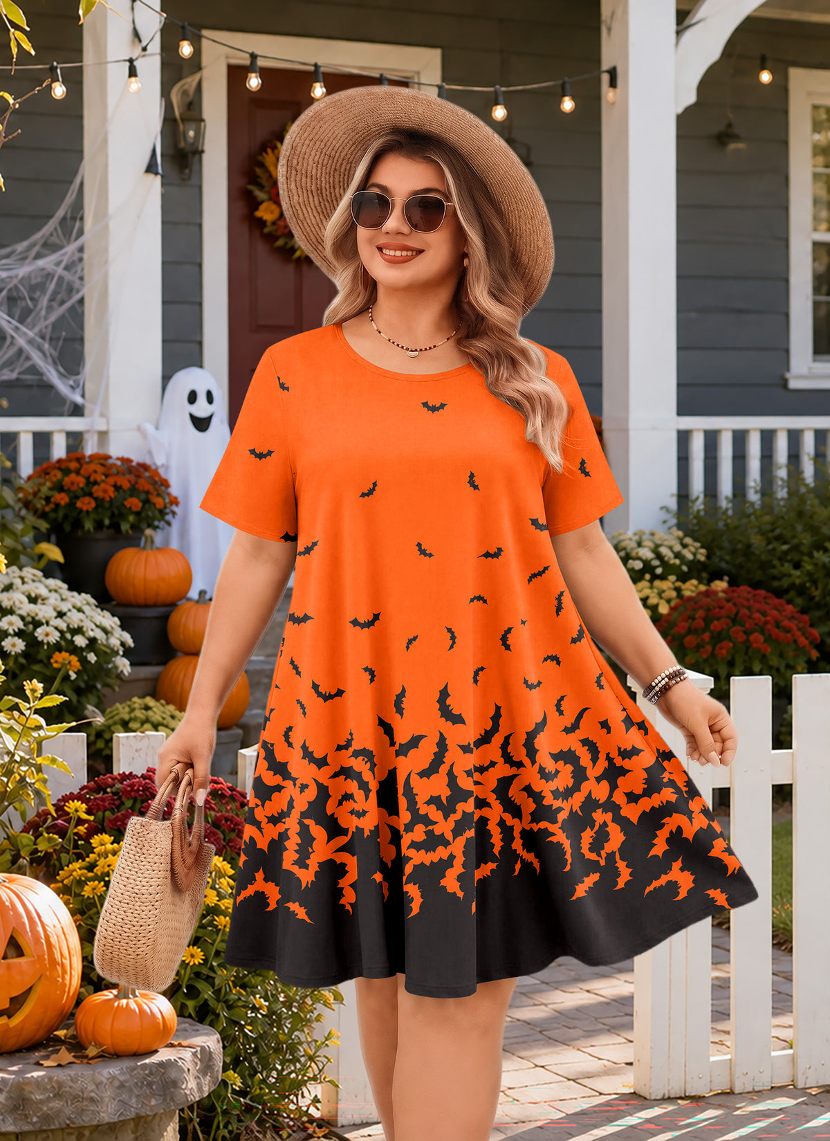 Plus Size Orange Halloween Bat Print Swing Dress