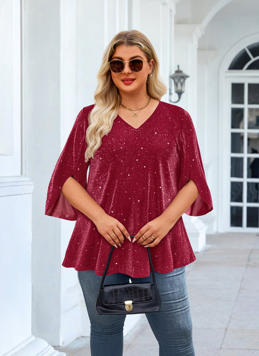 Plus Size Red Sparkle V-Neck Top S2