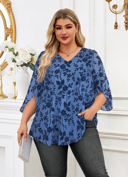 Plus Size Dusty Blue Floral V-Neck Top S6