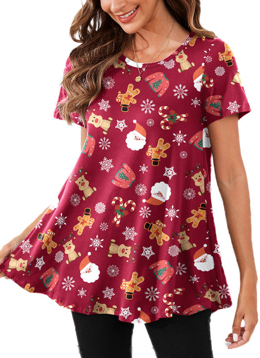 Women's Burgundy Christmas Swing Tunic Top – Short Sleeve, Plus Size B19