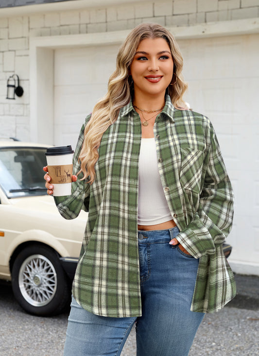 Plus Size Olive Green Plaid Button-Up Shirt G11