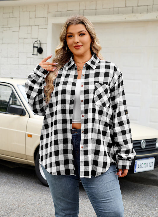 Plus Size Black & White Buffalo Plaid Button-Up Shirt