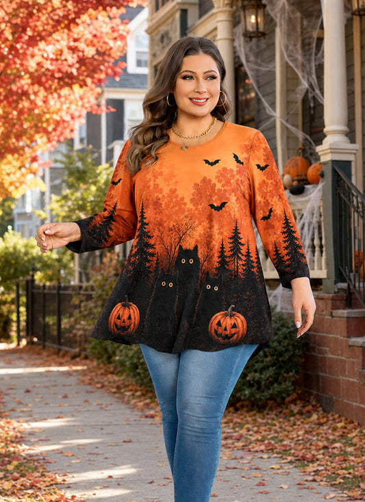 Women's Orange & Black Plus Size Swing Tunic Top – 3/4 Sleeve Flowy Blouse A49