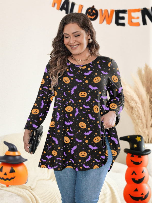 Women's Plus Size Halloween Tunic Top | 3/4 Sleeve Swing Blouse, Flowy Fit, Wear with Leggings – Orange, XL to 4XL A22