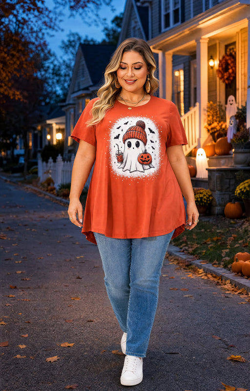 Women's Halloween Orange Tunic Top – Festive Print, Plus Size E27