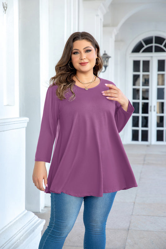 Women's Plus Size Purple Tunic Top – 3/4 Sleeve Swing Flare Blouse for Leggings (L–6XL) A29