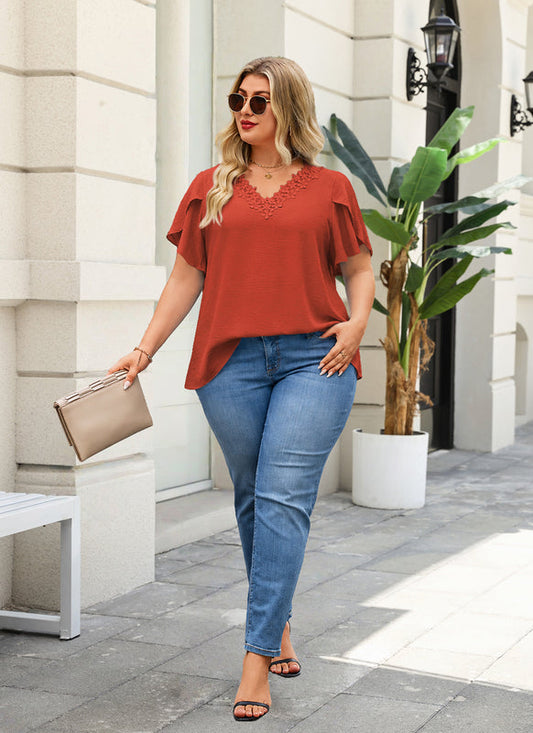 Women's Burnt Orange V-Neck Blouse – Floral Lace Trim, Plus Size I9