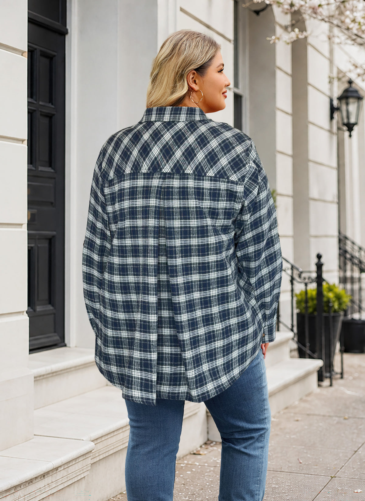 Plus Size Navy Blue Plaid Button-Up Shirt