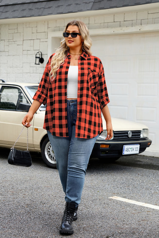 Plus Size Orange Red Buffalo Plaid Button-Up Shirt F23
