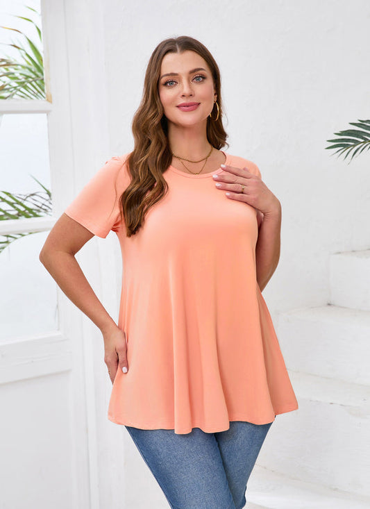 Women's Plus Size Swing Tunic Top – Short Sleeve, Flowy Flare, Crew Neck Blouse to Wear with Leggings b24