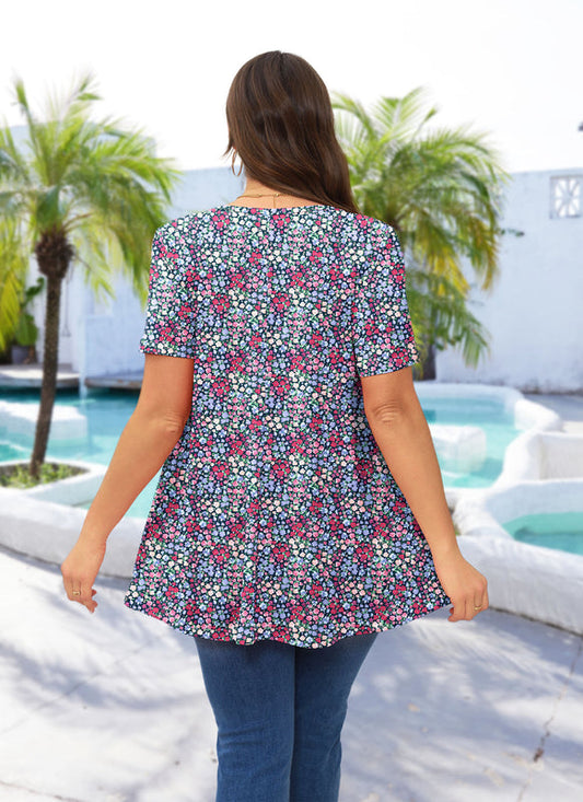Women's Plus Size Ditsy Floral Tunic Top – Short Sleeve, Flowy Swing Blouse to Wear with Leggings b31