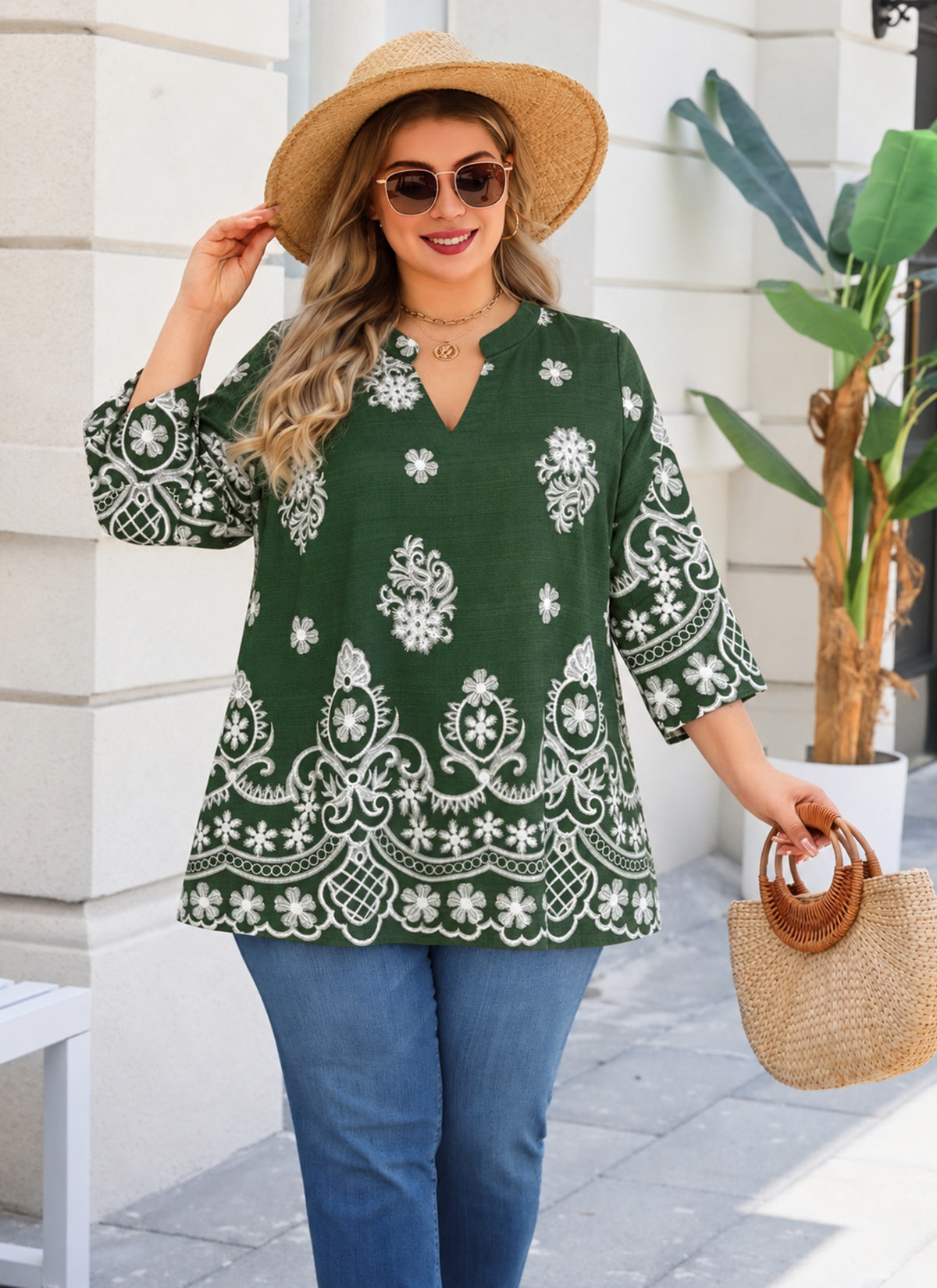 Plus Size Forest Green & White Border Print Tunic Top. L12