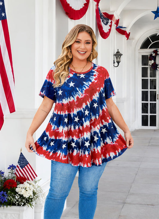Women's Patriotic American Flag Tunic Top – Short Sleeve Summer Blouse B47