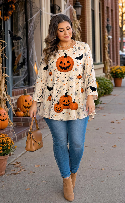 Women's Halloween Pumpkin Tunic Top – 3/4 Sleeve, Plus Size D34