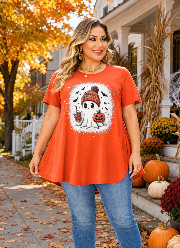 Women's Halloween Orange Tunic Top – Festive Print, Plus Size E27