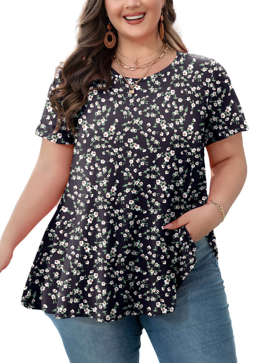 Women's Plus Size Black & White Floral Tunic Top – Short Sleeve Swing Blouse e9