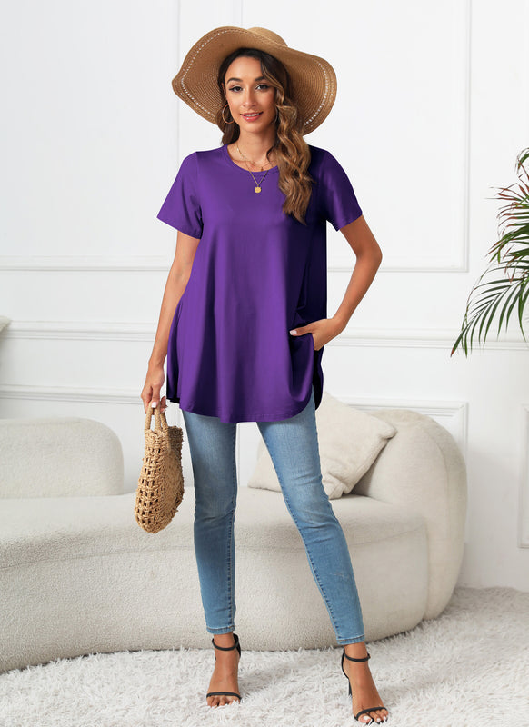 Deep Purple Short Sleeve Swing Tunic Top – Women's Plus Size Crew Neck Flowy Blouse to Wear with Leggings (S–7XL) b13