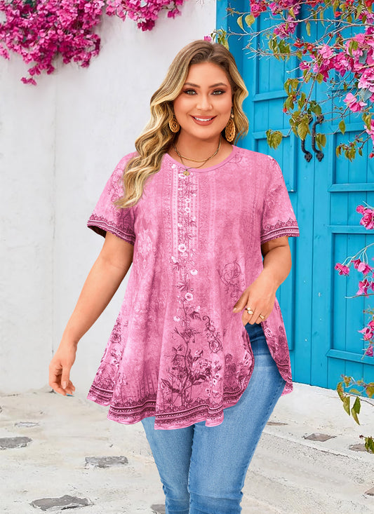 Womens Plus Size Tops Short Sleeve Swing Flare Flowy Tunic Loose Fit Summer Casual Blouses to Wear with Leggings I