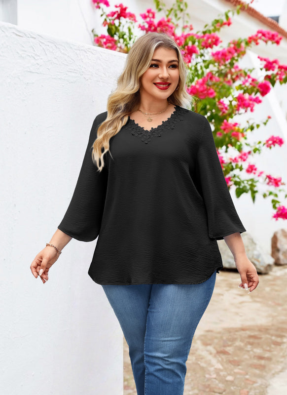 Women's Plus Size Floral Trim Tunic Top | 3/4 Sleeve V-Neck Blouse – Black J1