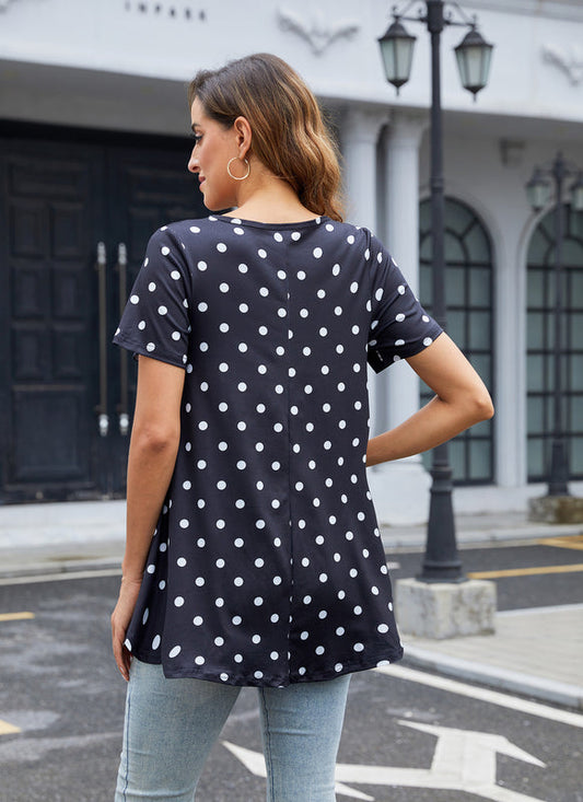 Navy Blue Polka Dot Print Tunic Top – Women's Plus Size Short Sleeve Swing Blouse to Wear with Leggings (S–7XL) b18