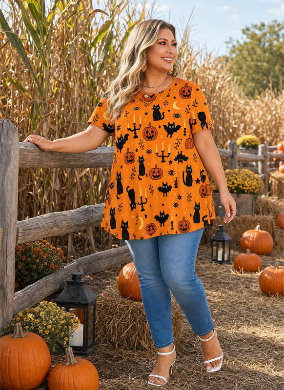 Women's Halloween Orange Swing Tunic Top – Short Sleeve, Plus Size B48