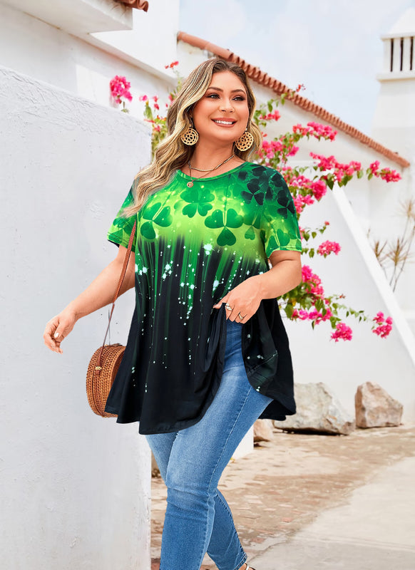 Women's Plus Size Green Leaf Print Tunic Top – Short Sleeve Swing Blouse e17