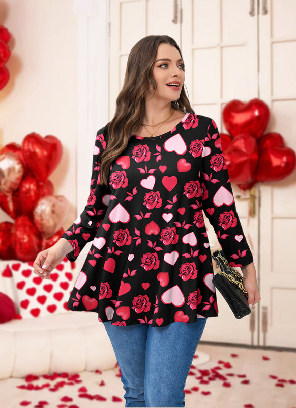 Valentine Rose & Heart Print Tunic Top – Women's Plus Size 3/4 Sleeve Swing Blouse (S–7XL) A36