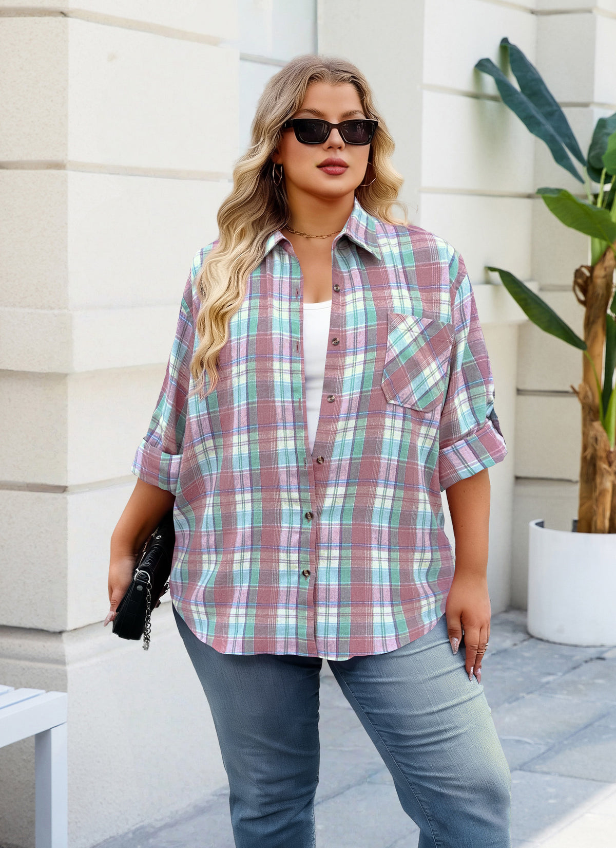 Plus Size Pink & Mint Plaid Button-Up Shirt