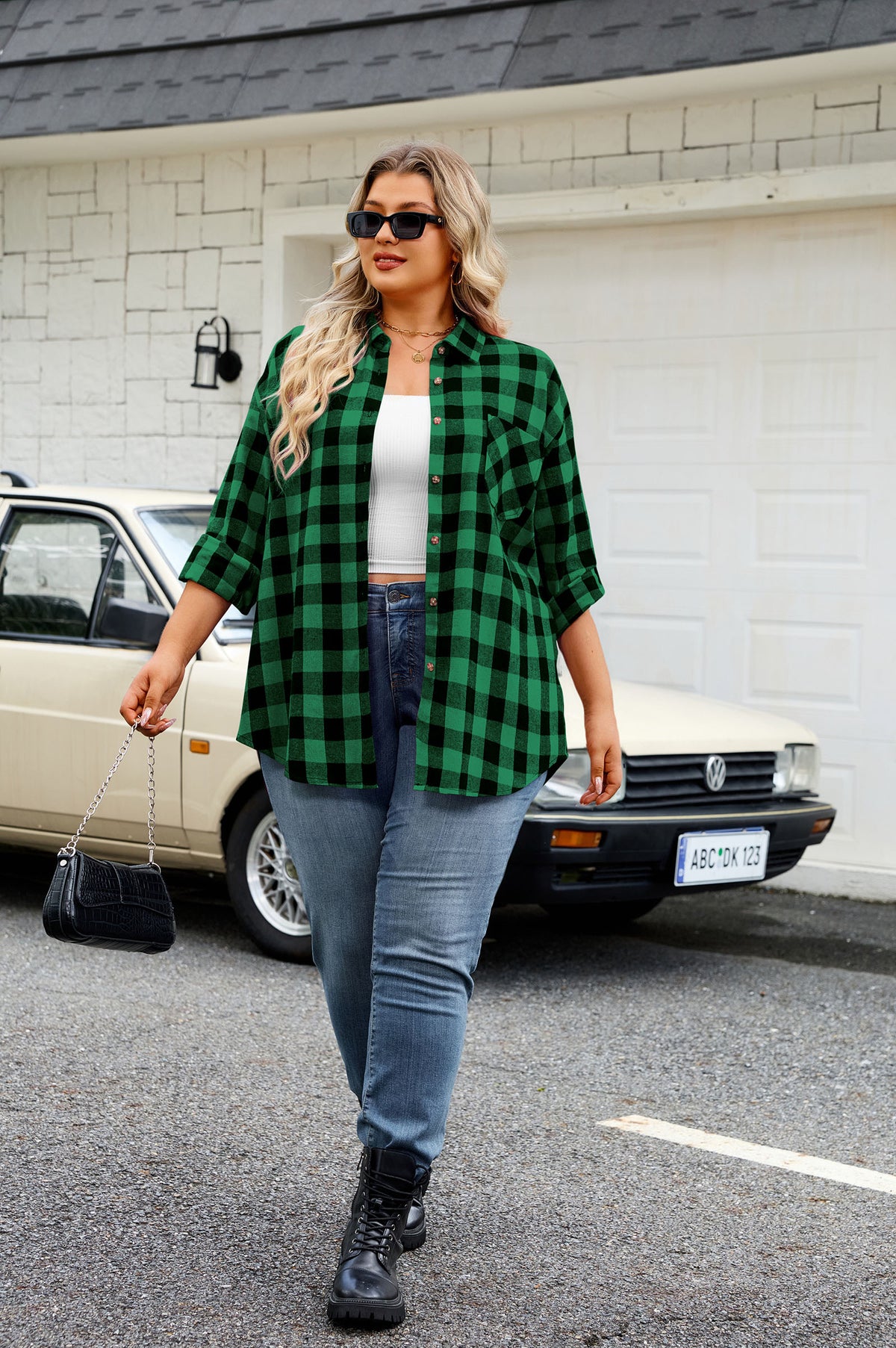 Plus Size Green Buffalo Plaid Button-Up Shirt