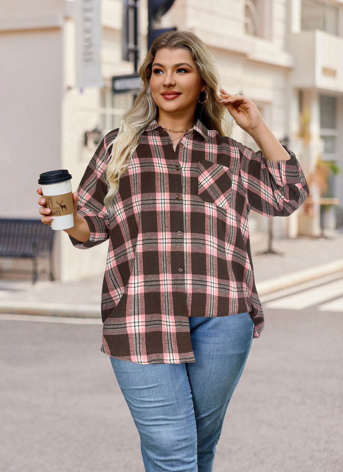 Plus Size Brown & Pink Plaid Button-Up Shirt G22