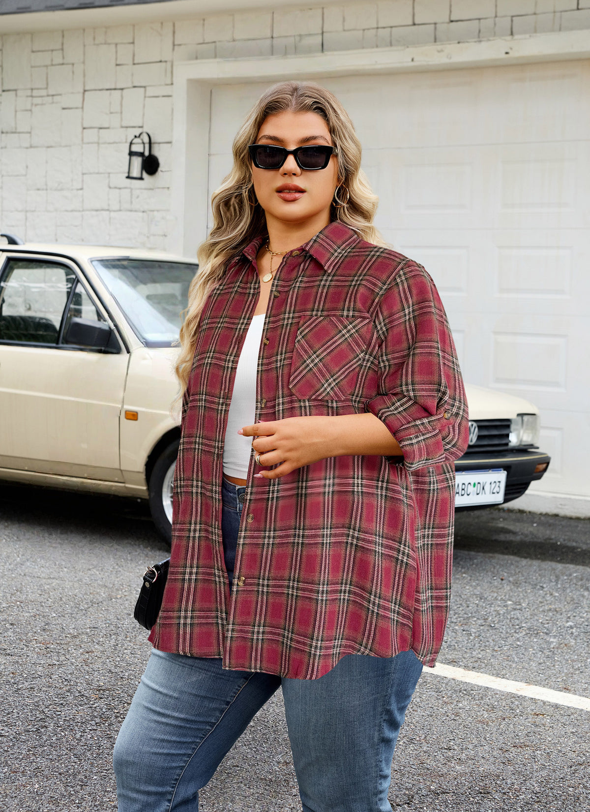 Plus Size Burgundy Windowpane Plaid Button-Up Shirt G25