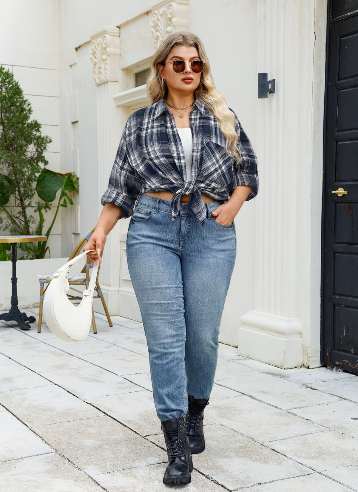 Plus Size Navy & White Plaid Button-Up Shirt