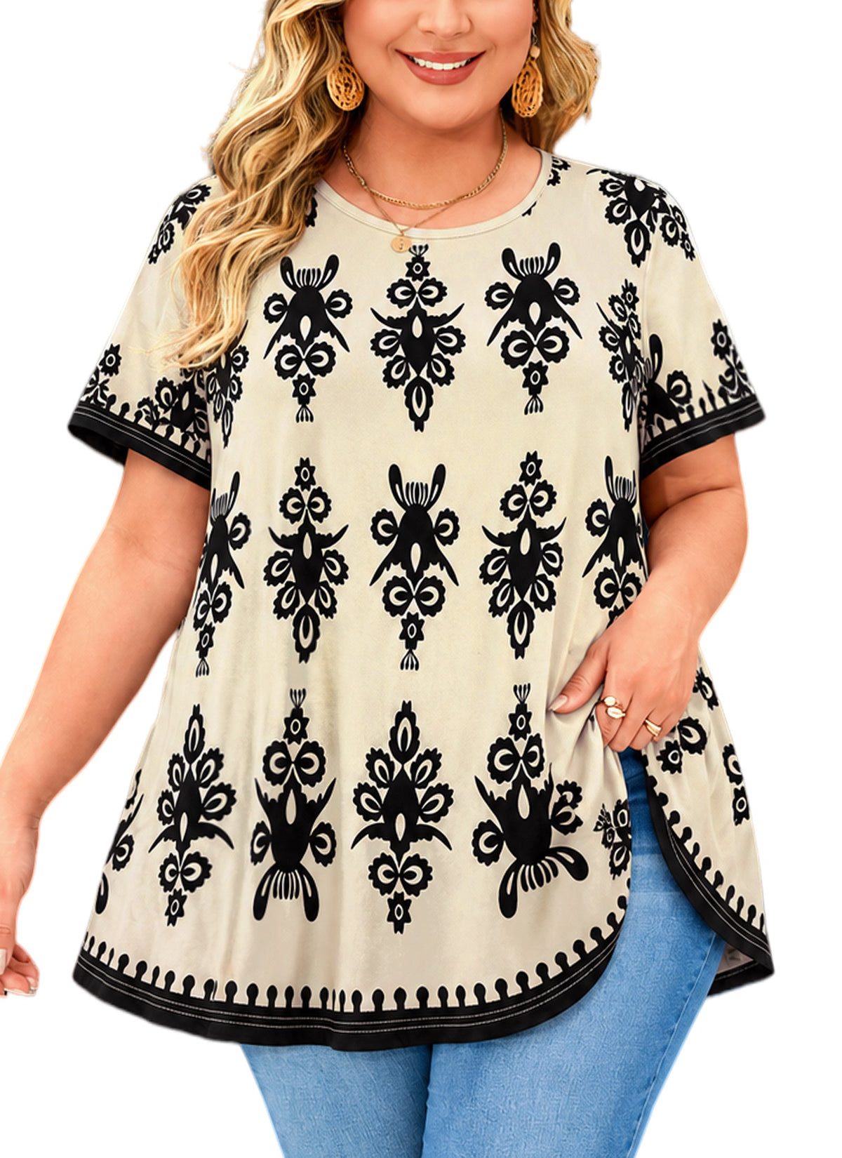 Women's Plus Size Beige Paisley Floral Tunic Top – Short Sleeve Boho Swing Blouse e19