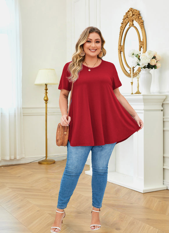 Women's Plus Size Swing Tunic Top – Short Sleeve, Flowy A-Line Blouse to Wear with Leggings b41