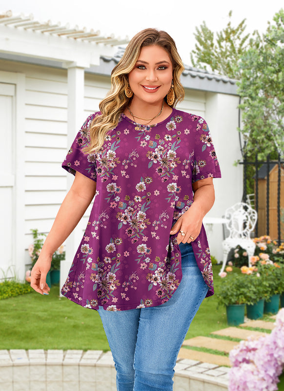 Women's Magenta Floral Swing Tunic Top – Short Sleeve, Plus Size B38