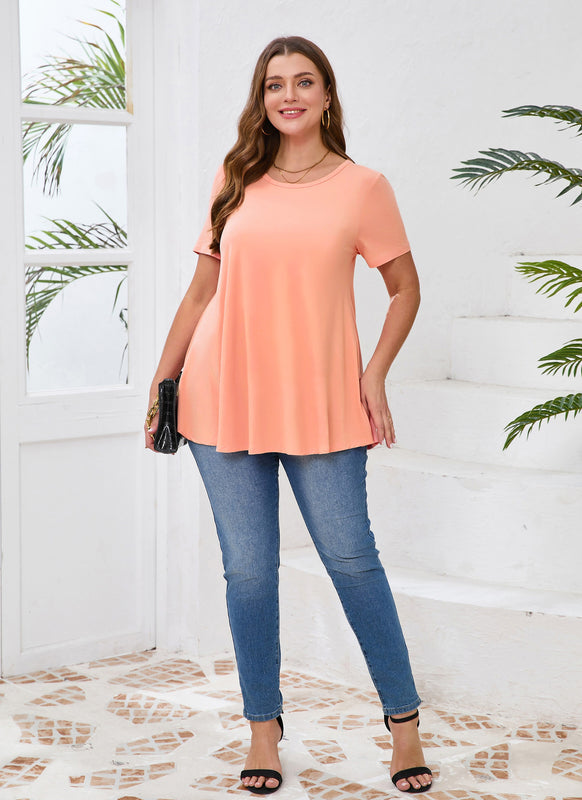 Women's Plus Size Swing Tunic Top – Short Sleeve, Flowy Flare, Crew Neck Blouse to Wear with Leggings b24