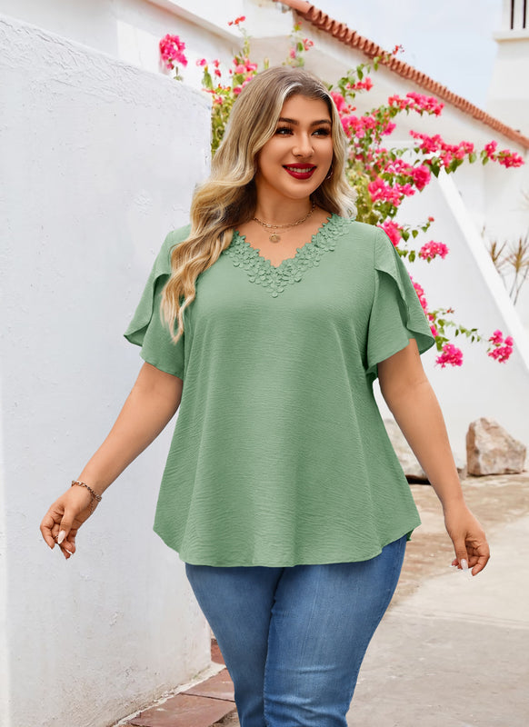 Women's Plus Size Floral Trim Tunic Top | V-Neck Short Sleeve Blouse – Sage Green I5