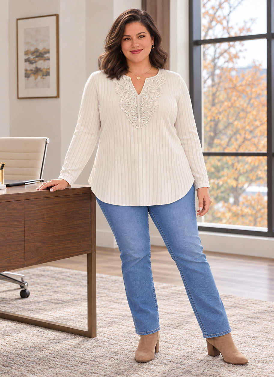 Plus Size Ivory Lace-Trim Tunic Top Q1