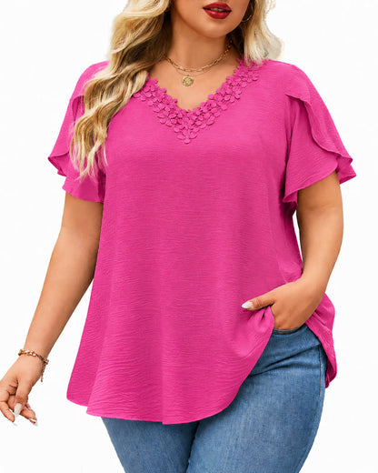 Women's Floral Trim V-Neck Tunic – Loose Fit Short Sleeve Blouse I7